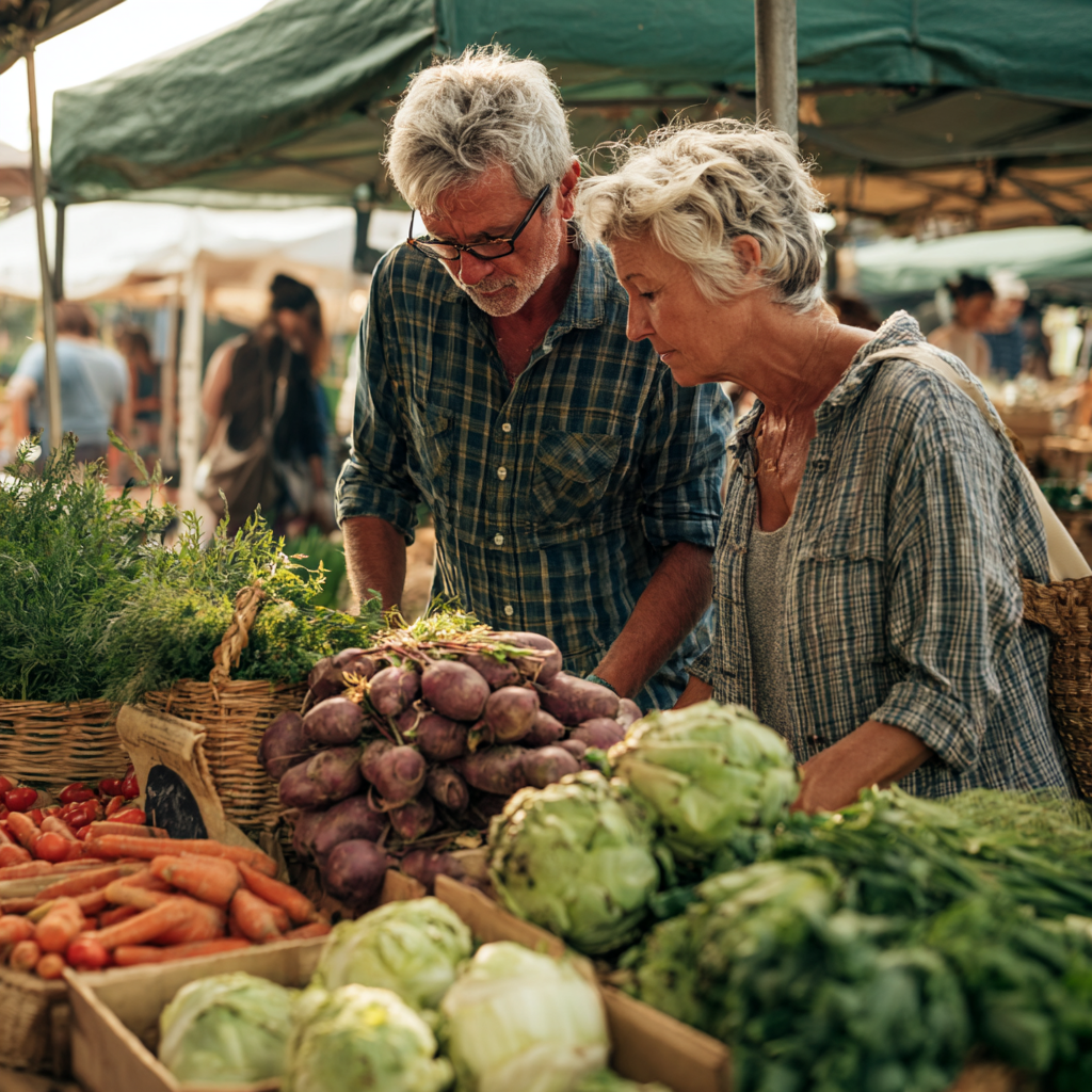 Middle-aged adults examining fresh vegetables and herbs at farmers market