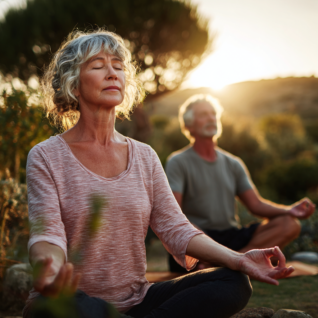 Middle-aged adults practicing gentle morning yoga in natural garden setting